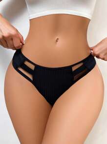 Women's Elegant Black Knitted Fabric Cut Out Briefs With Slight Stretch, Plain Design - Black - View 3