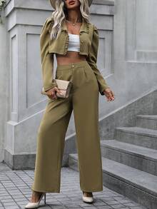 SHEIN Clasi Chất rắn Nút phía trước Áo Jacket Crop & Quần ống rộng - Màu Khaki - Xem 3