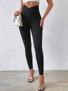SHEIN Essnce Quần bó cạp cao dệt kim giản dị có nút trang trí cho nữ - màu đen - Xem 3