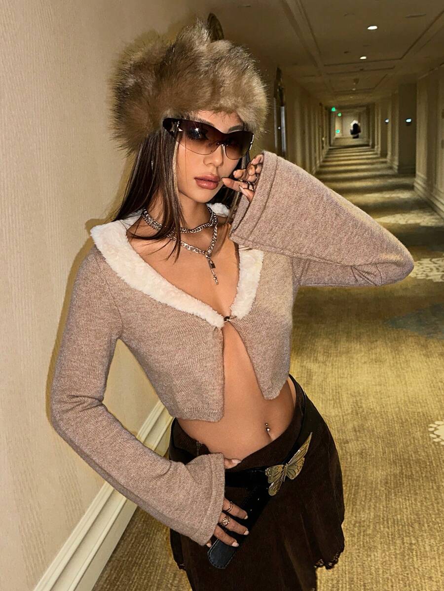 SHEIN ICON Cárdigan crop cuello de borreguito de manga amplia - Marrón Mocha - Ver 1