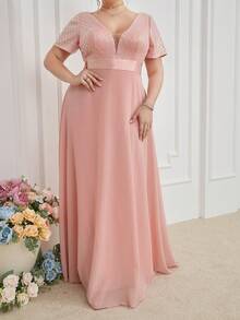 Plus Contrast Sequin Plunging Neck Party Dress - Pink - View 4