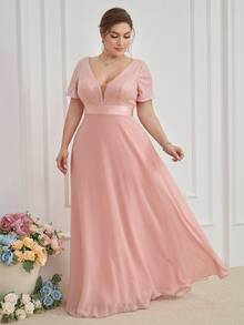 Plus Contrast Sequin Plunging Neck Party Dress - Pink - View 6