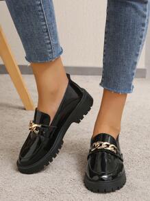 女士時尚金屬鏈裝飾懶人鞋,平底鞋 - 黑色 - 查看 1