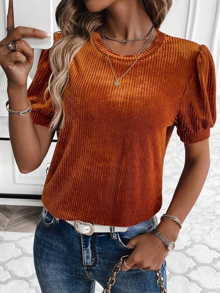 Solid Puff Sleeve Velvet Tee