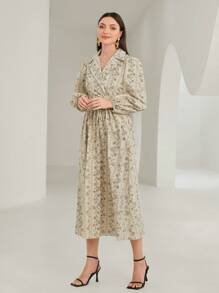 Modelyn 滿版印花燈籠袖洋裝 - 杏色 - 查看 3