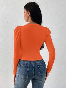 SHEIN Privé Camiseta unicolor de manga farol - Naranja - Ver 2