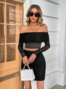 SHEIN Privé Off Shoulder Xù Lớp phủ lưới Top Cây trồng & Váy bodycon - màu đen - Xem 5