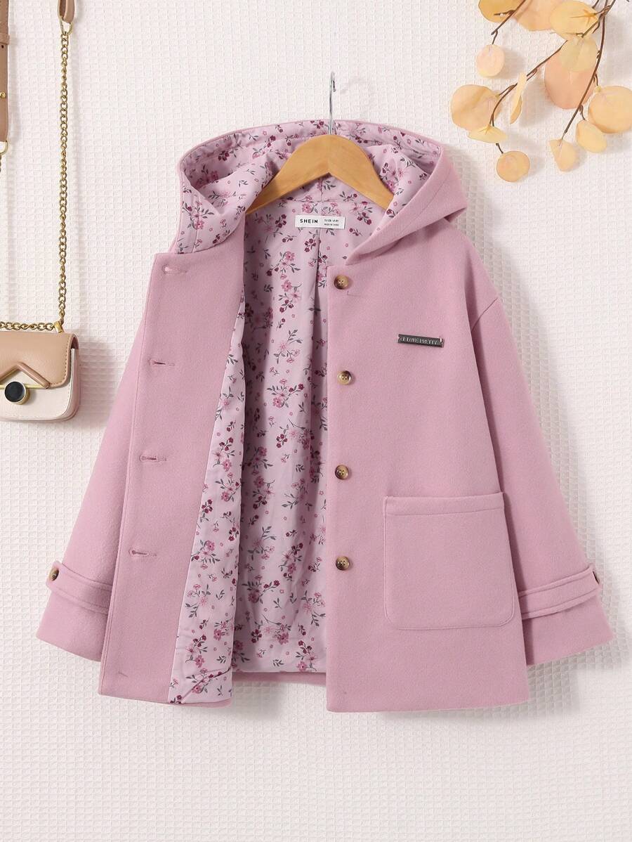 SHEIN Tween Girl Letter Patched Detail Dual Pocket Hooded Overcoat,In Fall/Winter