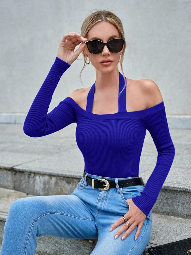 Solid Cold Shoulder Ribbed Knit Pullover Fall Winter Sweater