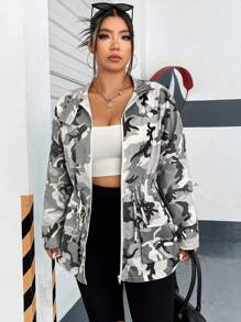 Flirla 大碼迷彩印花腰部抽繩翻蓋口袋外套 - 彩色 - 查看 1