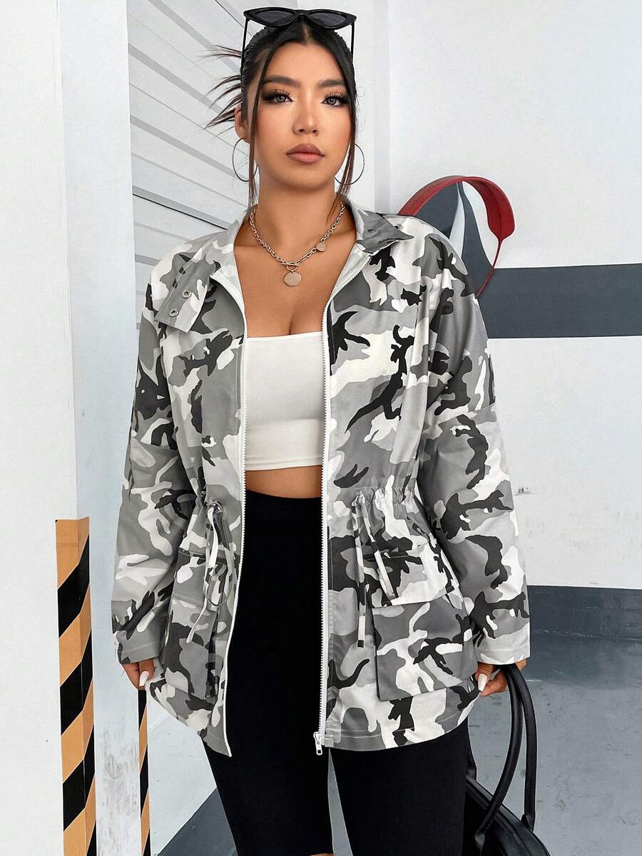 Flirla 大碼迷彩印花腰部抽繩翻蓋口袋外套 - 彩色 - 查看 1