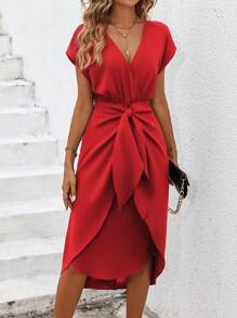 SHEIN Clasi Chất rắn Tie Trước Hem cao thấp Đầm - Đỏ - Xem 6