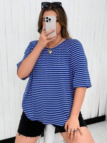 SHEIN LUNE Talla grande Camiseta de rayas de manga raglán - Azul - Ver 1