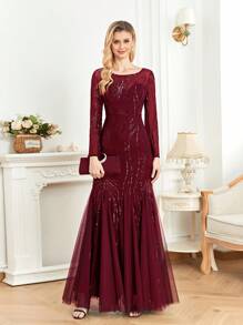XUIBOL Elegante vestido de cola de sirena con mangas largas, cuello redondo, bordado de lentejuelas y malla para mujer. Vestido de fiesta ajustado adecuado para cóctel, boda, aniversario, cena formal familiar, celebración de cumpleaños, vestido de lujo para madre de la novia - Burdeos - Ver 2
