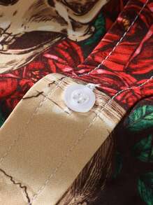 Men Skull & Floral Print Shirt Without Tee, For Halloween - Red - View 3