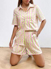Flirla Gingham Print Shirt & Shorts