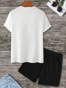 Manfinity Homme Nam Đồ họa Chữ cái Áo thun & Eo dây rút Quần short - Đen và trắng - Xem 2