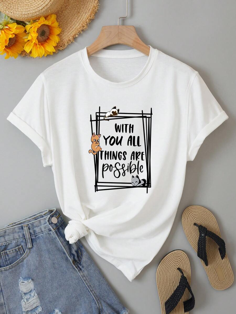 SHEIN EZwear Slogan Graphic Tee - White - View 1