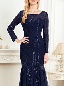 XUIBOL 对比色亮片网眼下摆派对礼服优雅长袖正式晚会舞会婚礼宾客礼服，适合毕业典礼、晚宴 - 藏蓝色 - 查看 7