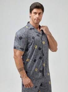 Men's Funny & Cute Grey Cartoon Print Knitted Fabric Pajama Set With Lapel Neck And Short Regular Sleeves - Grey - View 5