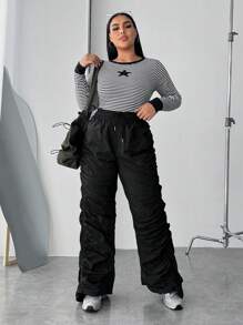 SHEIN Coolane Plus Drawstring Waist Ruched Pants - Black - View 5