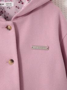 SHEIN Tween Girl Letter Patched Detail Dual Pocket Hooded Overcoat,In Fall/Winter