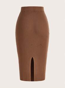 SHEIN EZwear 秋冬素色针织铅笔裙优雅 - 棕色 - 查看 4