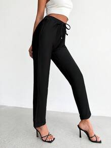 SHEIN PETITE Drawstring Waist Slant Pocket Pants - Black - View 5