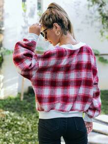 Simplee Abrigo con estampado de cuadros ribete en contraste de hombros caídos - Multicolor - Ver 2