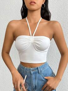 SHEIN EZwear Dây rút Ca-vát Backless Áo Crop Halter - trắng - Xem 4