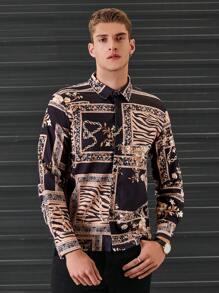 SHEIN Cottnline Men Chain And Floral Print Shirt - Black - View 1