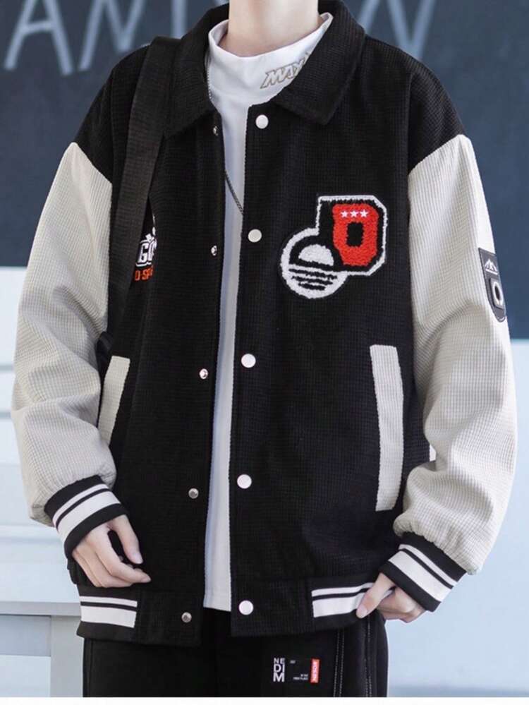 Men Letter Patched Striped Trim Drop Shoulder Jacket
