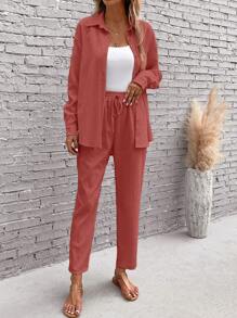 EMERY ROSE Solid Button Front Shirt & Drawstring Waist Pants - Dusty Pink - View 1