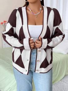 Flirla Hơn Họa tiết Argyle Thả vai Áo len Mở - Nhiều màu - Xem 1