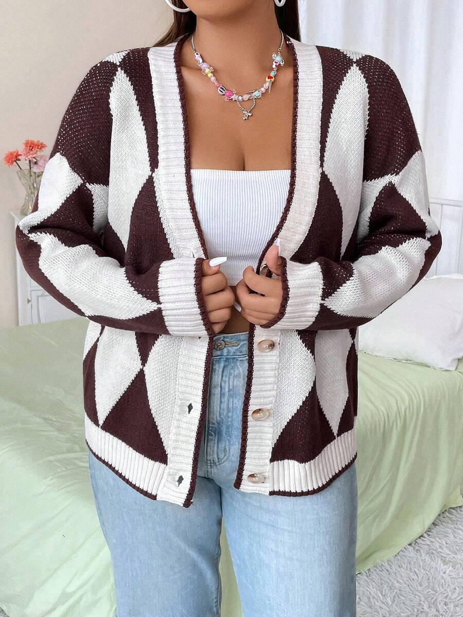 Flirla Hơn Họa tiết Argyle Thả vai Áo len Mở - Nhiều màu - Xem 1