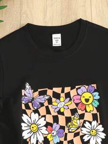 SHEIN Tween Girl Floral & Checker Print Tee