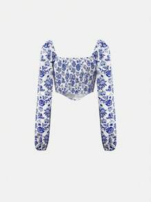 SHEIN Unity Floral Print Crop Blouse - Blue - View 2