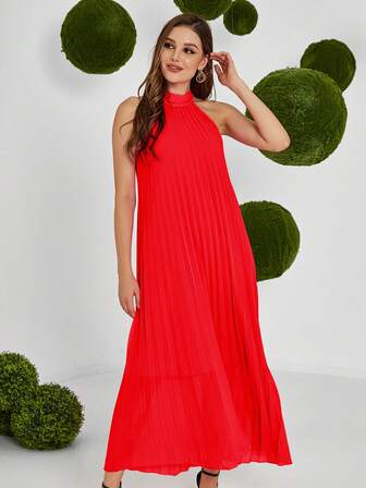 素色百褶掛脖洋裝