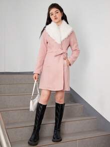 Teen Girl Fuzzy Collar Belted Overcoat - Dusty Pink - View 6