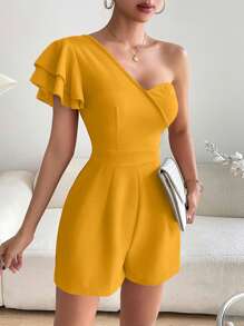 SHEIN Privé 單肩蝴蝶袖連身短褲 - 黃色 - 查看 1