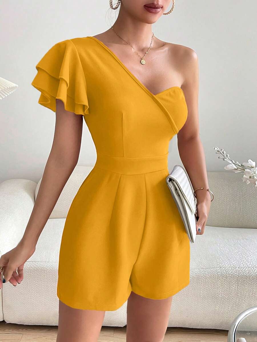 SHEIN Privé 單肩蝴蝶袖連身短褲 - 黃色 - 查看 1