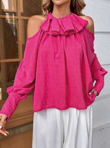 SHEIN Privé Swiss Dot Cold Shoulder Ruffle Trim Lantern Sleeve Blouse - Hot Pink - View 6