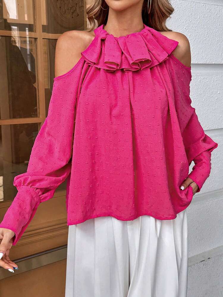 Swiss Dot Cold Shoulder Ruffle Trim Lantern Sleeve Blouse