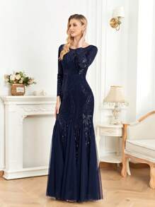 XUIBOL 对比色亮片网眼下摆派对礼服优雅长袖正式晚会舞会婚礼宾客礼服，适合毕业典礼、晚宴 - 藏蓝色 - 查看 4