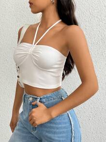 SHEIN EZwear Dây rút Ca-vát Backless Áo Crop Halter - trắng - Xem 6
