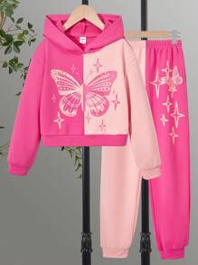 Tween Girl Two Tone Butterfly Print Hoodie & Sweatpants - Pink - View 1