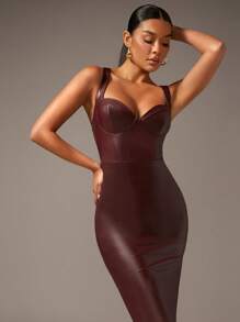 Silquee Solid PU Leather Bodycon Dress - Maroon - View 3