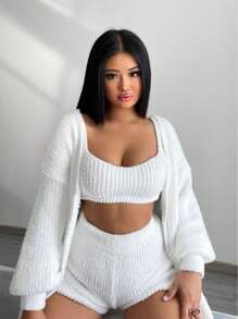 Zolique Solid Drop Shoulder Cardigan,Long Sleeve Tops - White - View 5