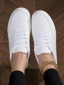 Zapatos Blancos Lisos Femeninos Con Tacón Plano Y Cordones, De Moda - Blanco - Ver 4