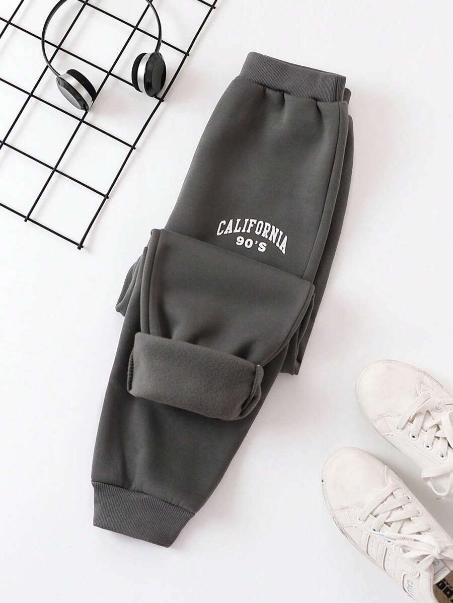 SHEIN 男大童字母圖案加絨內裏衛褲 - 灰色 - 查看 1